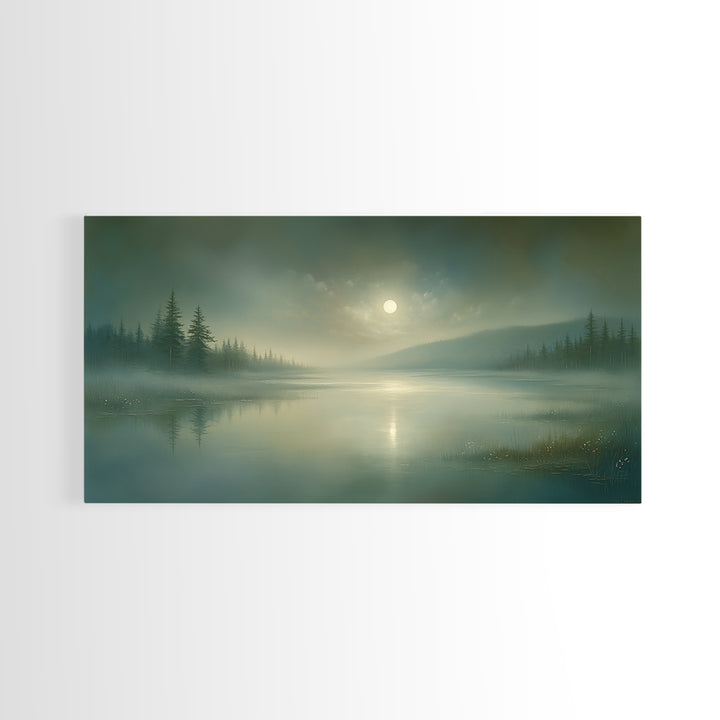 Dreamlike Moonlit Lake Framed Canvas Print, General Fine Art, Wall Art Prints, Living Room Decor, Watercolor Art, GEN-2x1-81