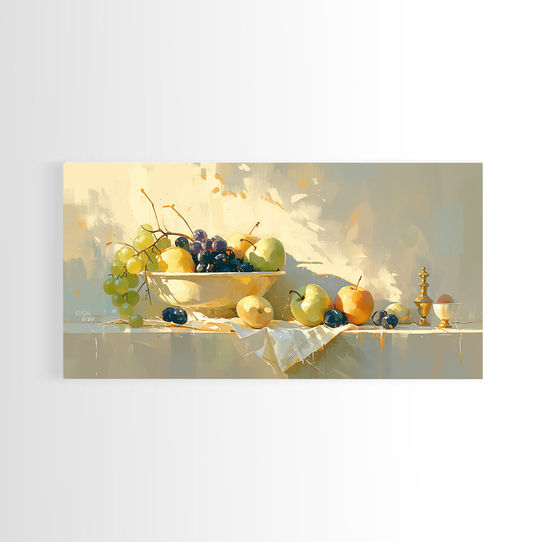 Simple Still Life of Fruit and Linen Framed Canvas Print, General Fine Art, Oil Painting, Living Room Decor, Abstract Art, GEN-2x1-84