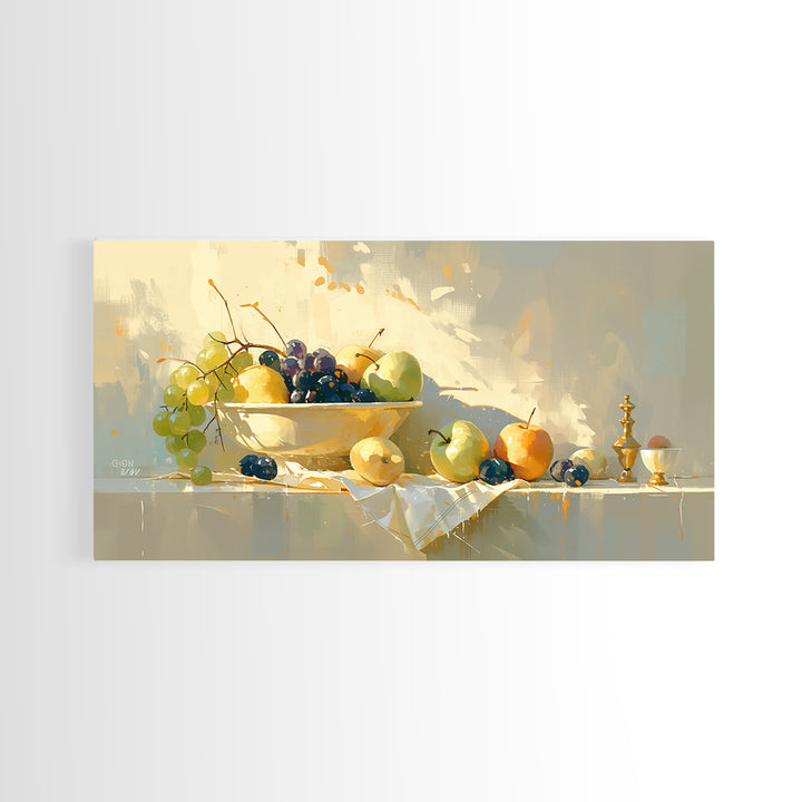 Simple Still Life of Fruit and Linen Framed Canvas Print, General Fine Art, Oil Painting, Living Room Decor, Abstract Art, GEN-2x1-84
