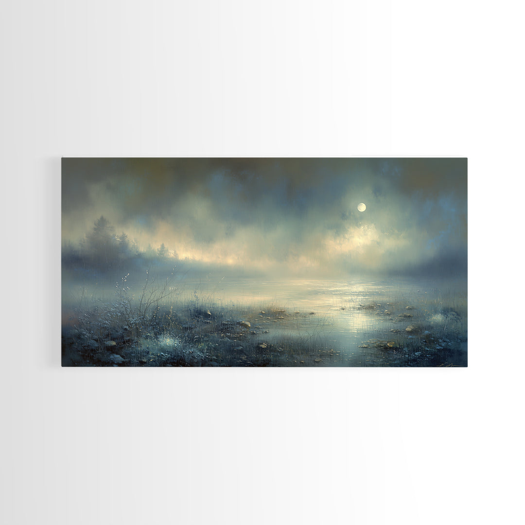 Dreamlike Moonlit Lake Framed Canvas Print, General Fine Art, Art, Living Room Decor, Fine Art, Mid Century Modern, GEN-2x1-9