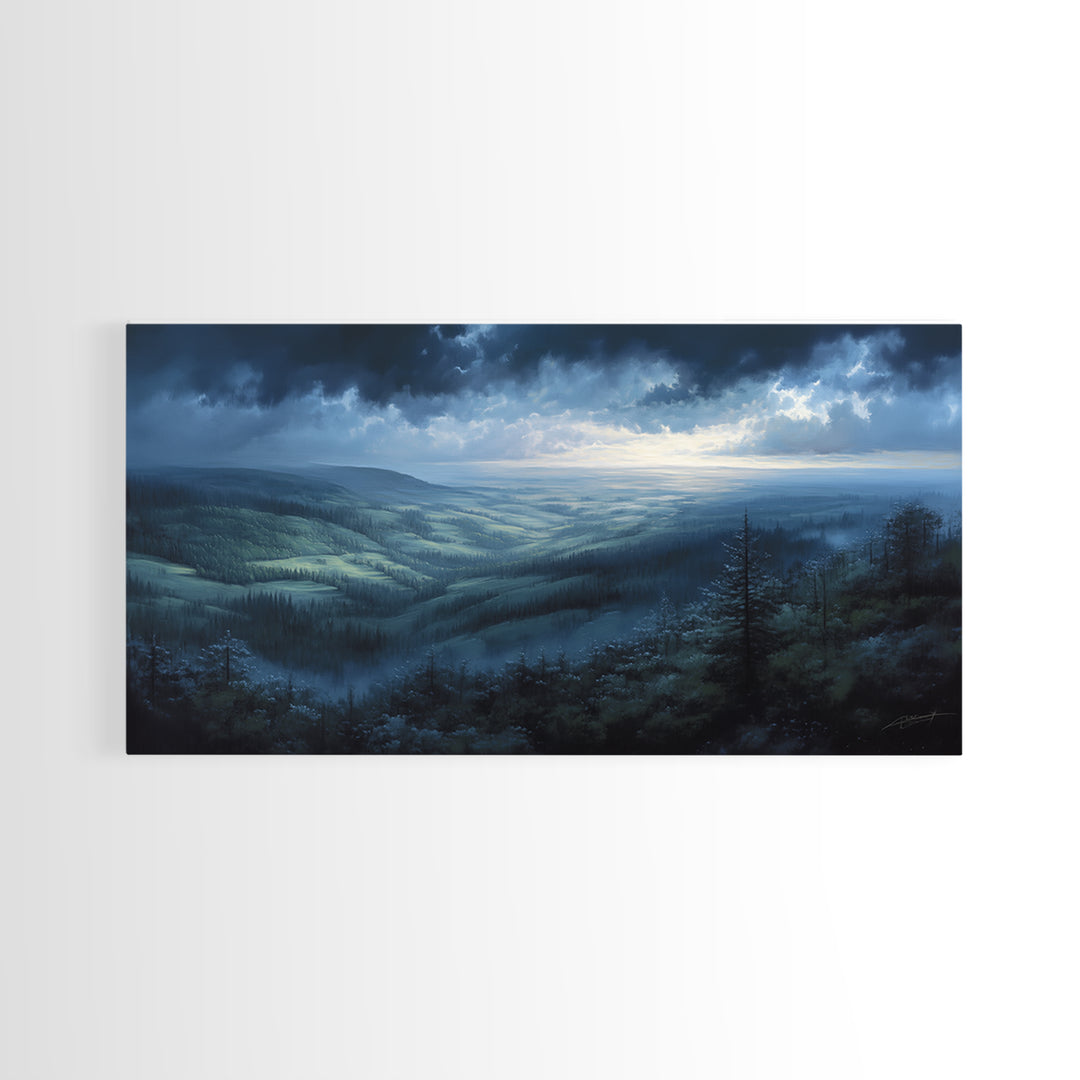 Misty Mountain Valley Framed Canvas Print, General Fine Art, Art Deco, Living Room Decor, Fine Art, Fine Art Print, GEN-2x1-96