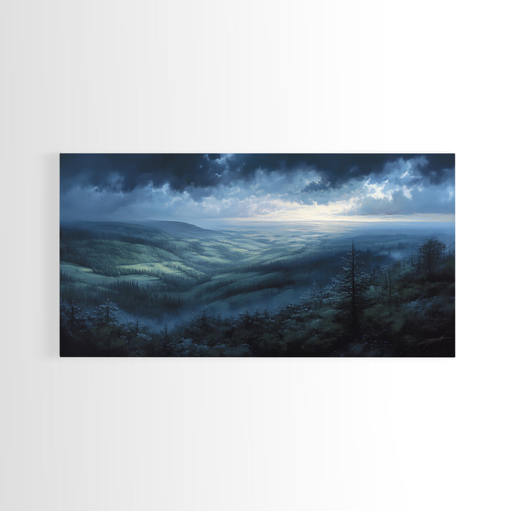 Misty Mountain Valley Framed Canvas Print, General Fine Art, Art Deco, Living Room Decor, Fine Art, Fine Art Print, GEN-2x1-96