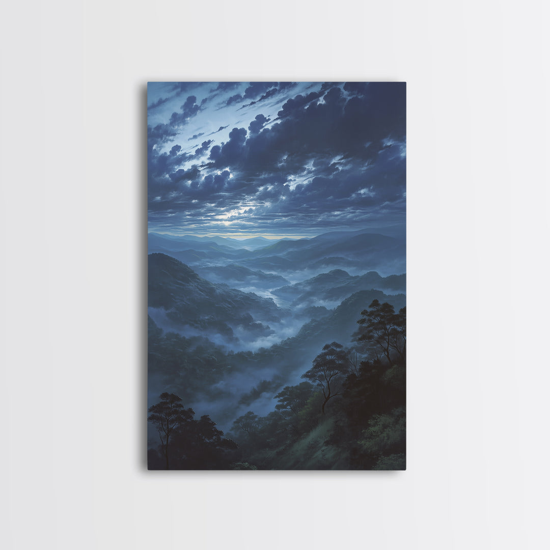 Misty Mountain Valley Framed Canvas Print, General Fine Art, Decor, Living Room Decor, Fine Art, Digital Wall Art, GEN-2x3-12
