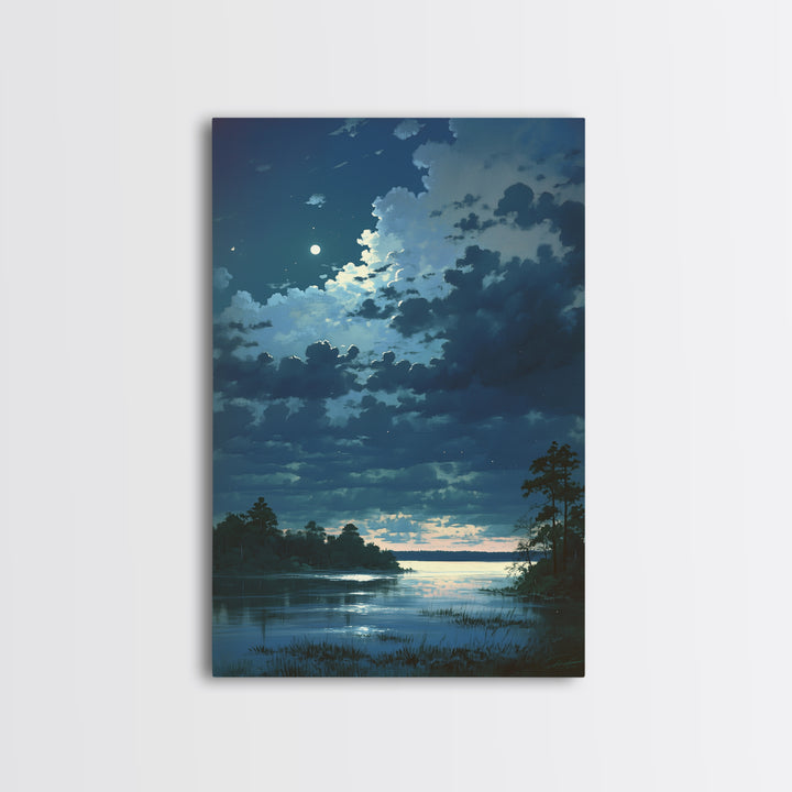 Dreamlike Moonlit Lake Framed Canvas Print, General Fine Art, Decor, Living Room Decor, Fine Art, Digital Wall Art, GEN-2x3-21