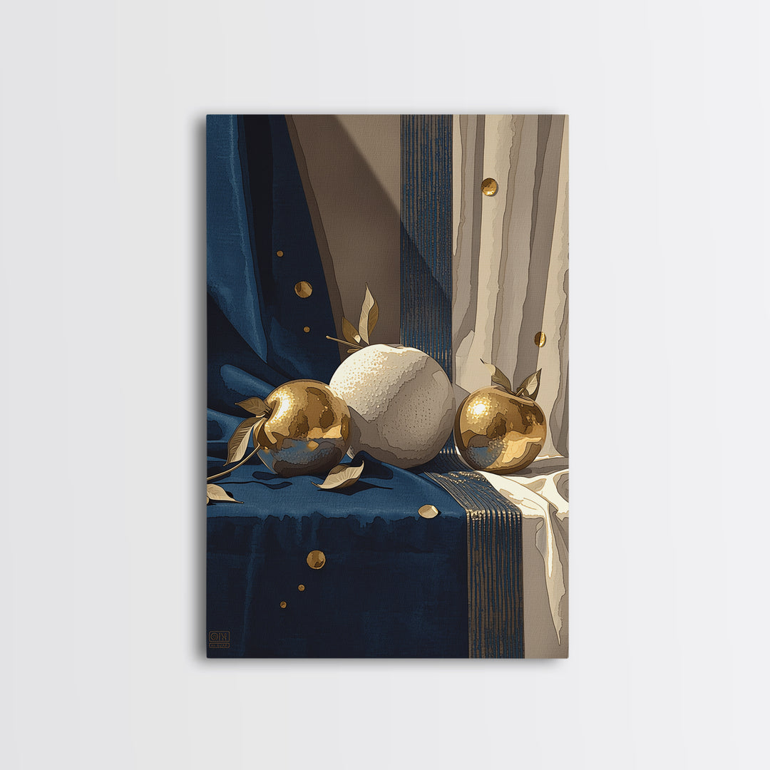 Simple Still Life of Fruit and Linen Framed Canvas Print, General Fine Art, Modern Decor, Living Room Decor, Abstract Art, GEN-2x3-24