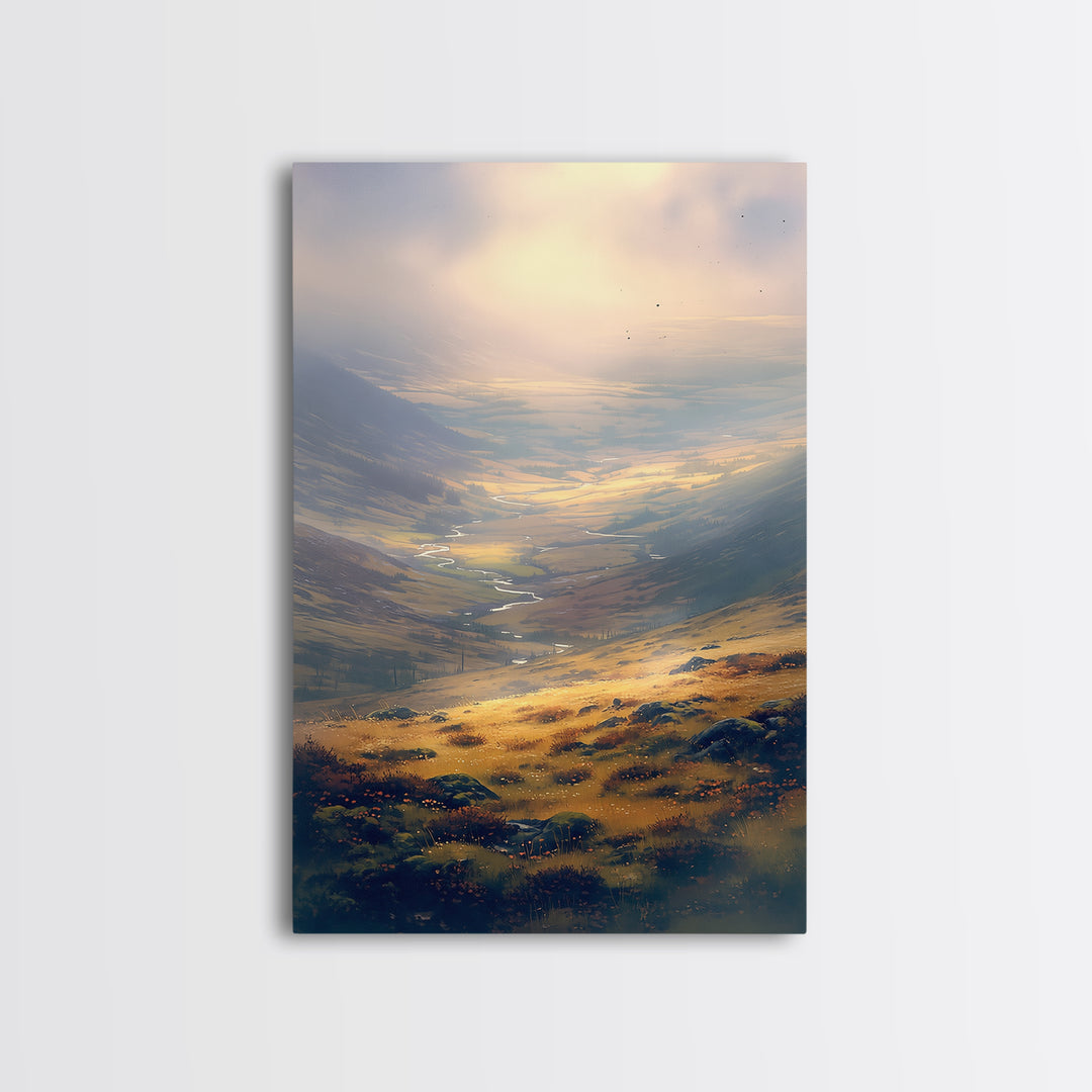 Misty Mountain Valley Framed Canvas Print, General Fine Art, Digital Print, Living Room Decor, Watercolor Art, GEN-2x3-36