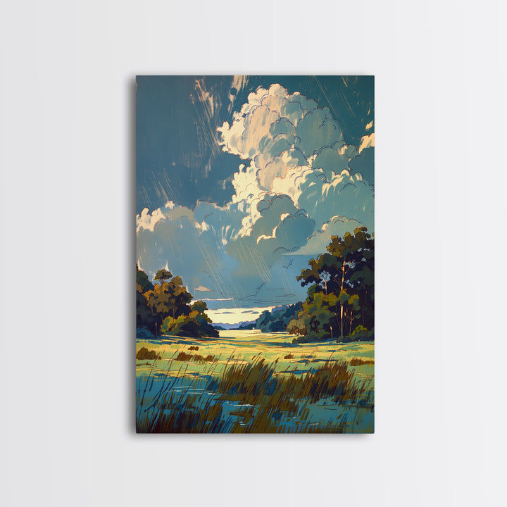 Sunlit Meadow with Loose Impressionist Brushwork Framed Canvas Print, General Fine Art, Poster, Living Room Decor, Fine Art, GEN-2x3-46