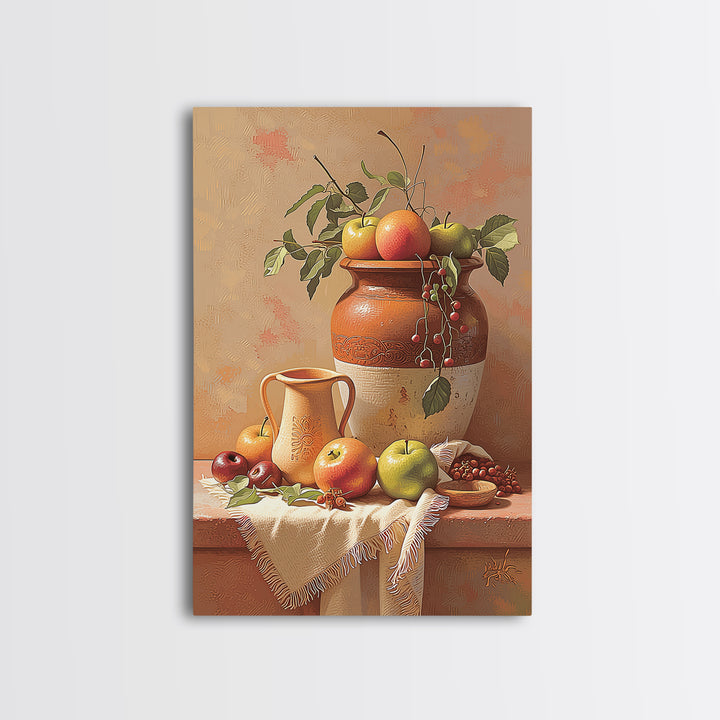 Simple Still Life of Fruit and Linen Framed Canvas Print, General Fine Art, Home Decor, Living Room Decor, Abstract Art, GEN-2x3-48