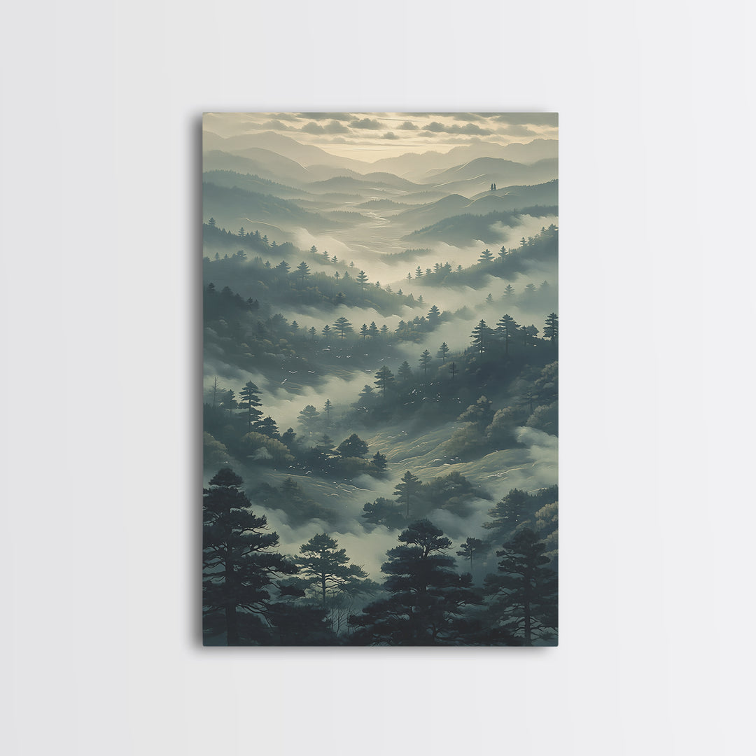 Misty Mountain Valley Framed Canvas Print, General Fine Art, Art Prints, Living Room Decor, Fine Art, Wall Hanging, GEN-2x3-60