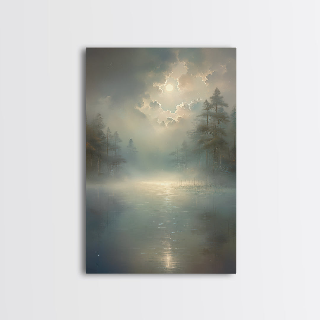 Dreamlike Moonlit Lake Framed Canvas Print, General Fine Art, Oil Painting, Living Room Decor, Fine Art, Gallery Decor, GEN-2x3-69