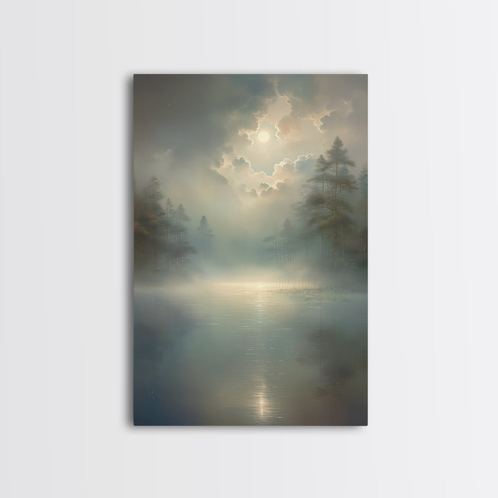 Dreamlike Moonlit Lake Framed Canvas Print, General Fine Art, Oil Painting, Living Room Decor, Fine Art, Gallery Decor, GEN-2x3-69