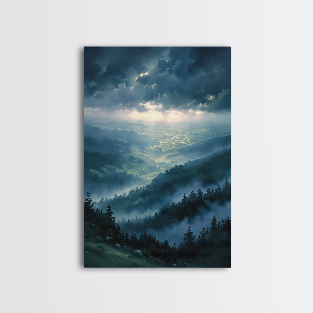 Misty Mountain Valley Framed Canvas Print, General Fine Art, Modern Decor, Living Room Decor, Fine Art, Poster, GEN-2x3-84