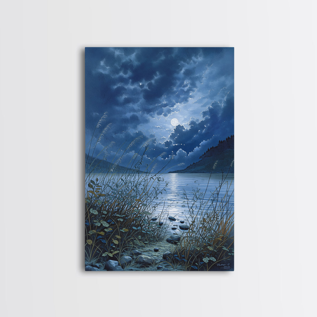 Dreamlike Moonlit Lake Framed Canvas Print, General Fine Art, Oil Painting, Living Room Decor, Fine Art, Gallery Decor, GEN-2x3-93