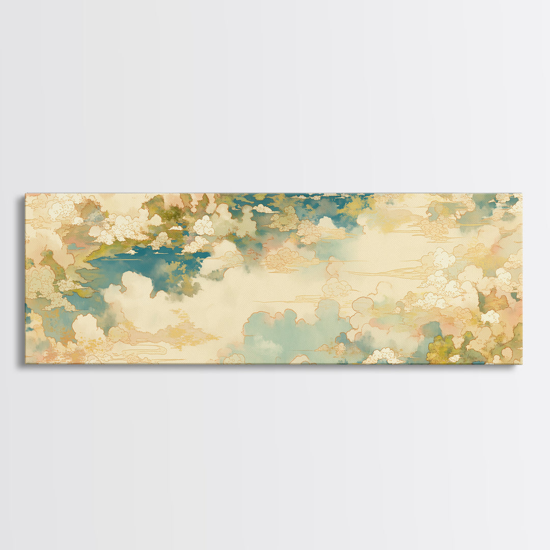 Romantic Cloudscape with Blush and Cream Tones Framed Canvas Print, General Fine Art, Painting, Living Room Decor, Fine Art, GEN-3x1-10