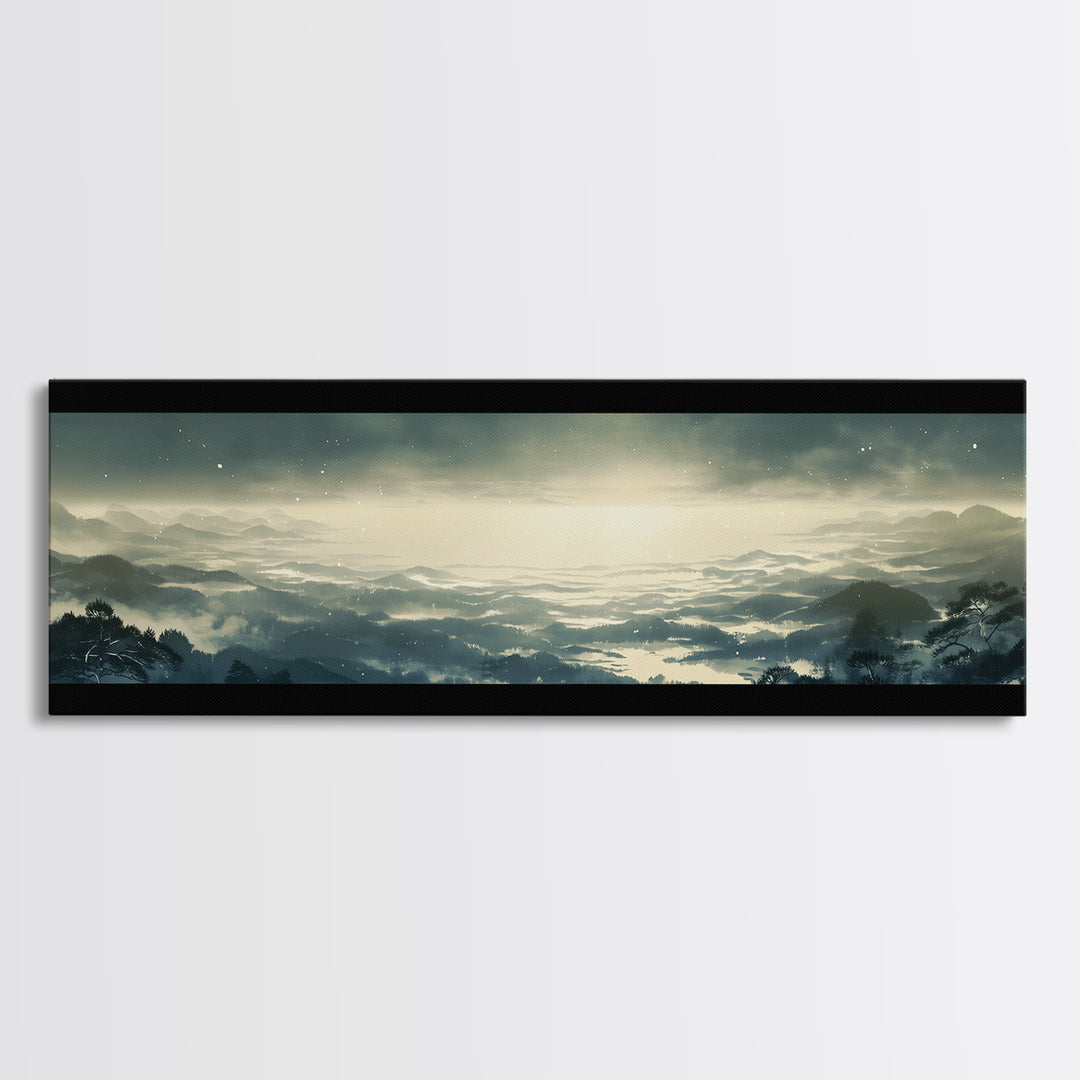 Elegant Ink Wash Landscape Framed Canvas Print, General Fine Art, Framed Wall Art, Living Room Decor, Watercolor Art, GEN-3x1-12