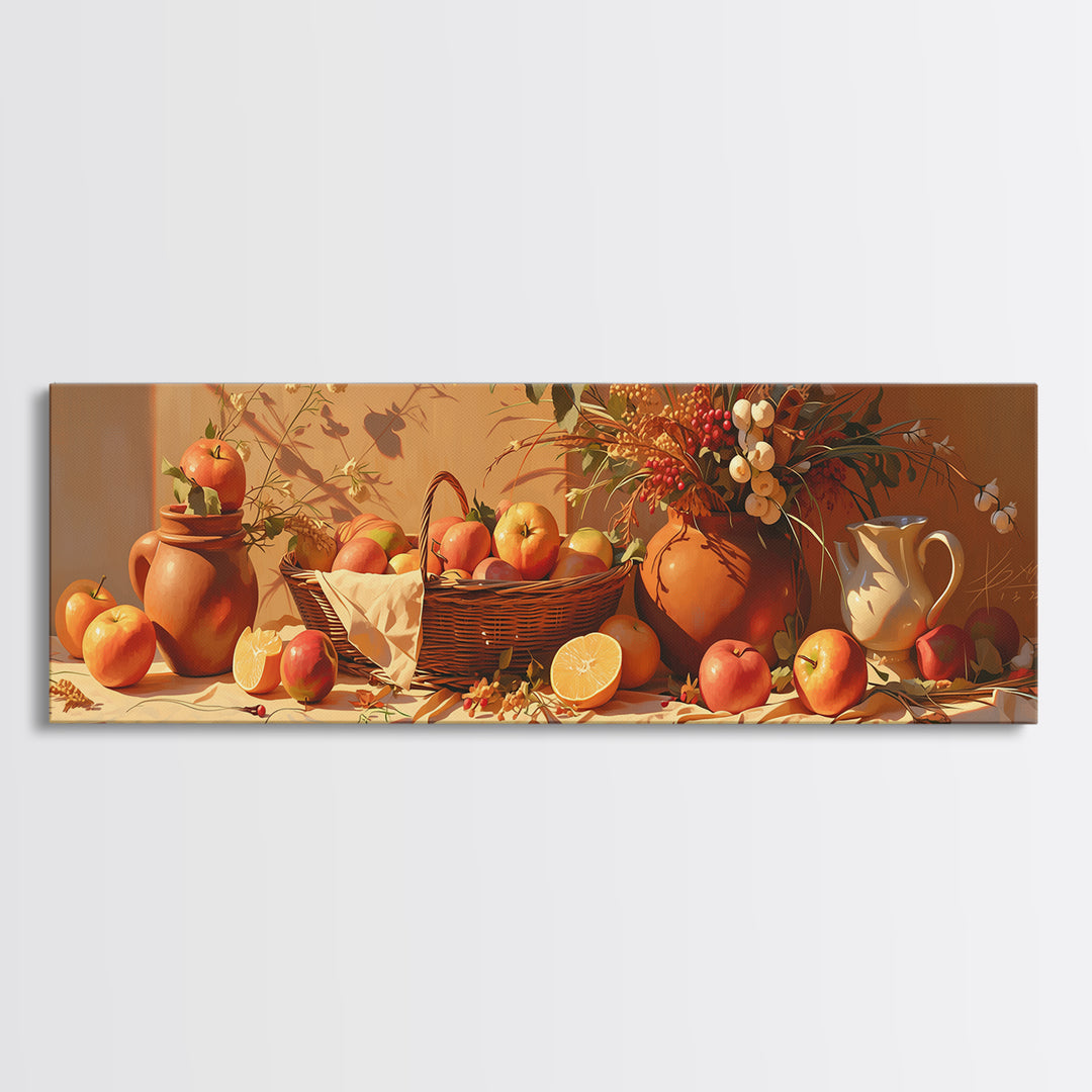 Simple Still Life of Fruit and Linen Framed Canvas Print, General Fine Art, Digital Print, Living Room Decor, Abstract Art, GEN-3x1-32