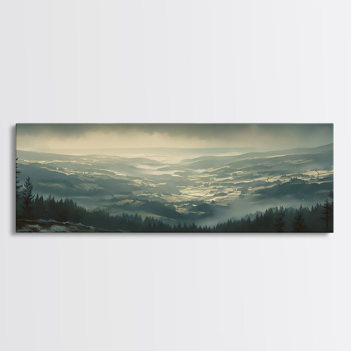 Misty Mountain Valley Framed Canvas Print, General Fine Art, Modern Decor, Living Room Decor, Fine Art, Poster, GEN-3x1-44