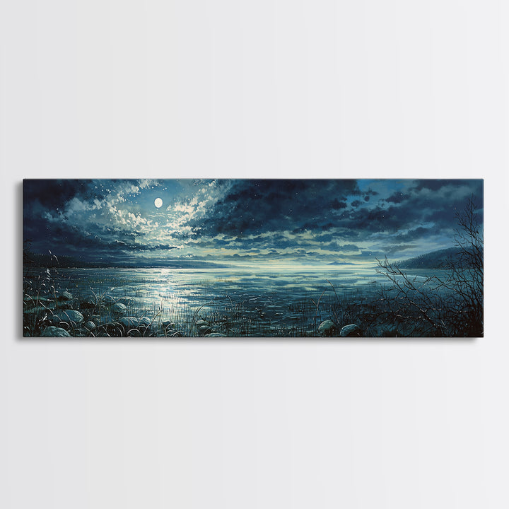 Dreamlike Moonlit Lake Framed Canvas Print, General Fine Art, Wall Art Prints, Living Room Decor, Watercolor Art, GEN-3x1-5