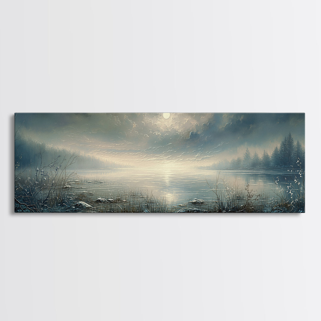 Dreamlike Moonlit Lake Framed Canvas Print, General Fine Art, Abstract Art, Living Room Decor, Oil Painting, GEN-3x1-53