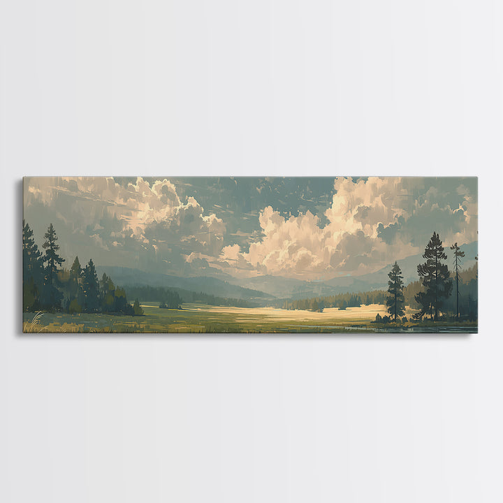 Sunlit Meadow with Loose Impressionist Brushwork Canvas Print, General Fine Art, Framed Wall Art, Living Room Decor, GEN-3x1-6