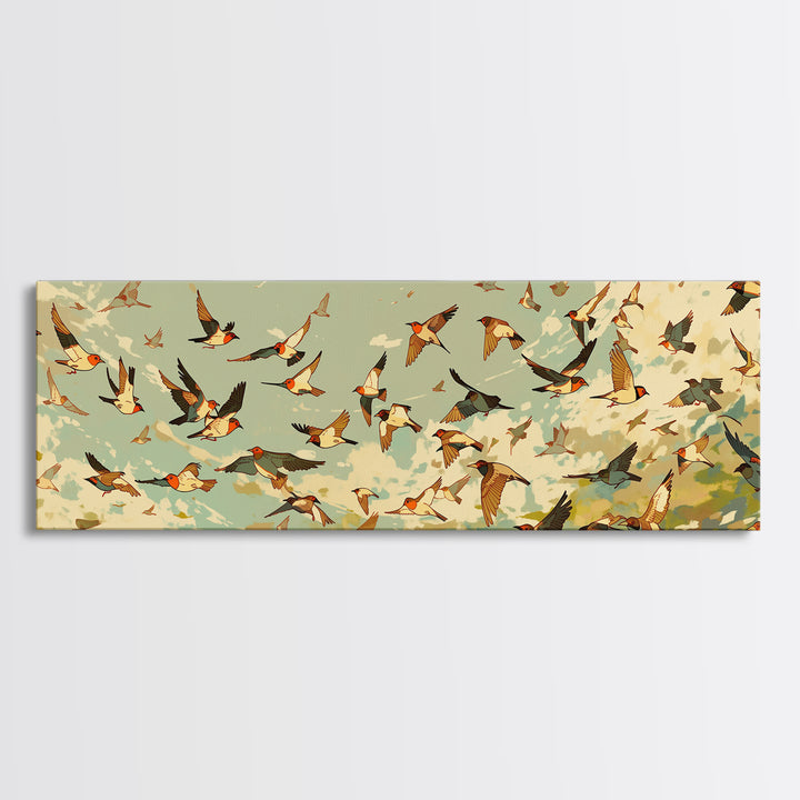 Minimal Birds in Flight over an Open Canvas Print, General Fine Art, Boho Decor, Living Room Decor, Oil Painting, GEN-3x1-62