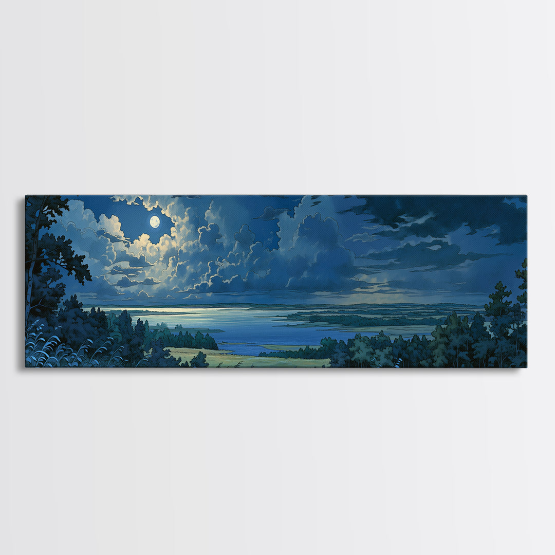 Dreamlike Moonlit Lake Framed Canvas Print, General Fine Art, Abstract Art, Living Room Decor, Oil Painting, GEN-3x1-77