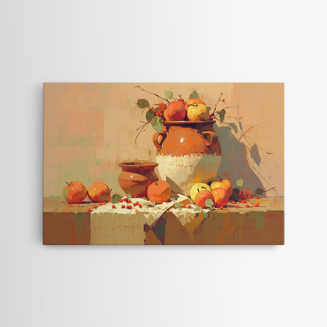 Simple Still Life of Fruit and Linen Framed Canvas Print, General Fine Art, Art Nouveau, Living Room Decor, Abstract Art, GEN-3x2-20