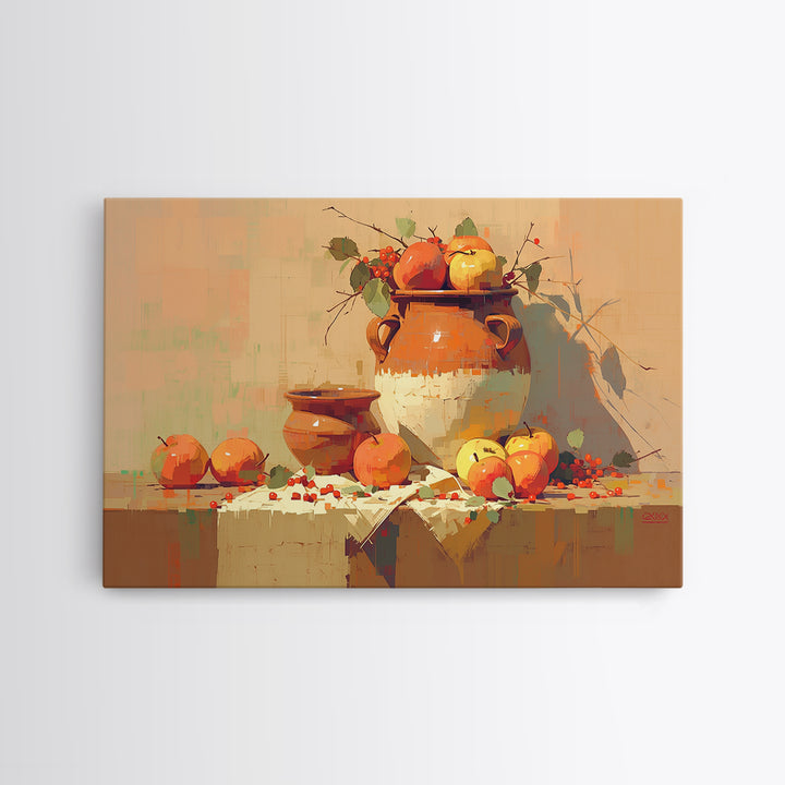 Simple Still Life of Fruit and Linen Framed Canvas Print, General Fine Art, Art Nouveau, Living Room Decor, Abstract Art, GEN-3x2-20