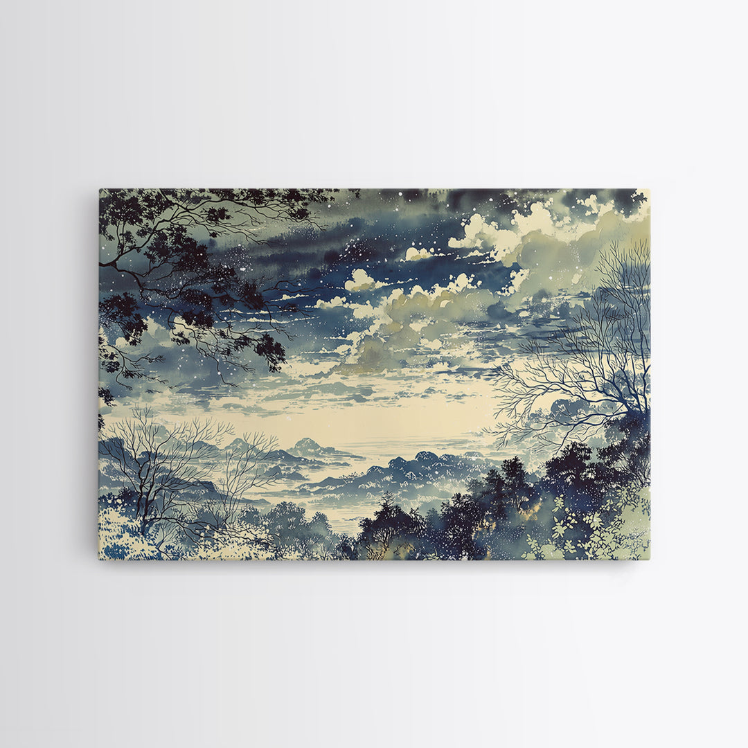 Elegant Ink Wash Landscape Framed Canvas Print, General Fine Art, Framed Wall Art, Living Room Decor, Watercolor Art, GEN-3x2-24