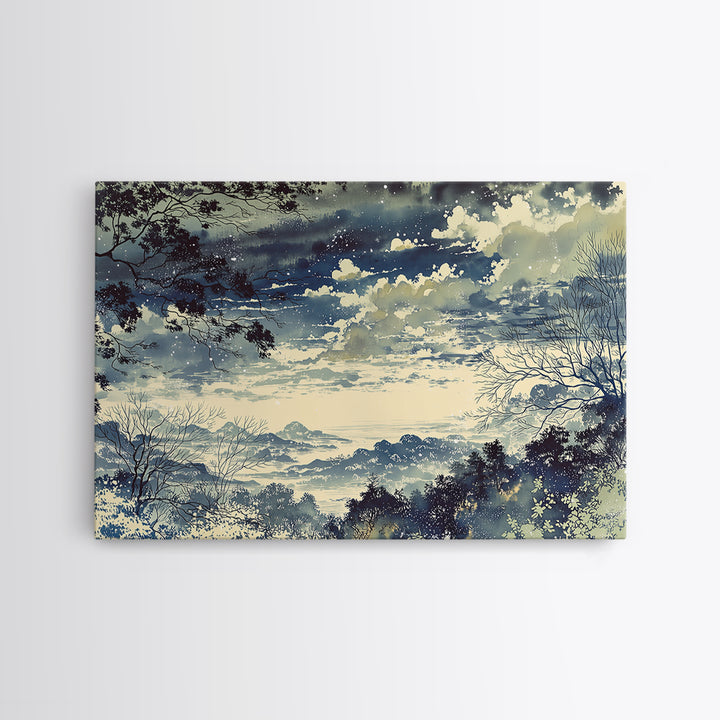 Elegant Ink Wash Landscape Framed Canvas Print, General Fine Art, Framed Wall Art, Living Room Decor, Watercolor Art, GEN-3x2-24
