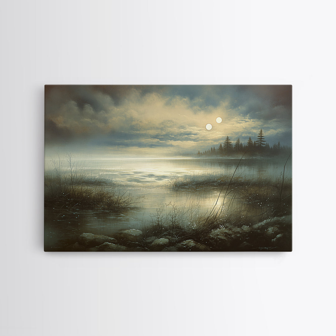 Dreamlike Moonlit Lake Framed Canvas Print, General Fine Art, Digital Print, Living Room Decor, Watercolor Art, GEN-3x2-41