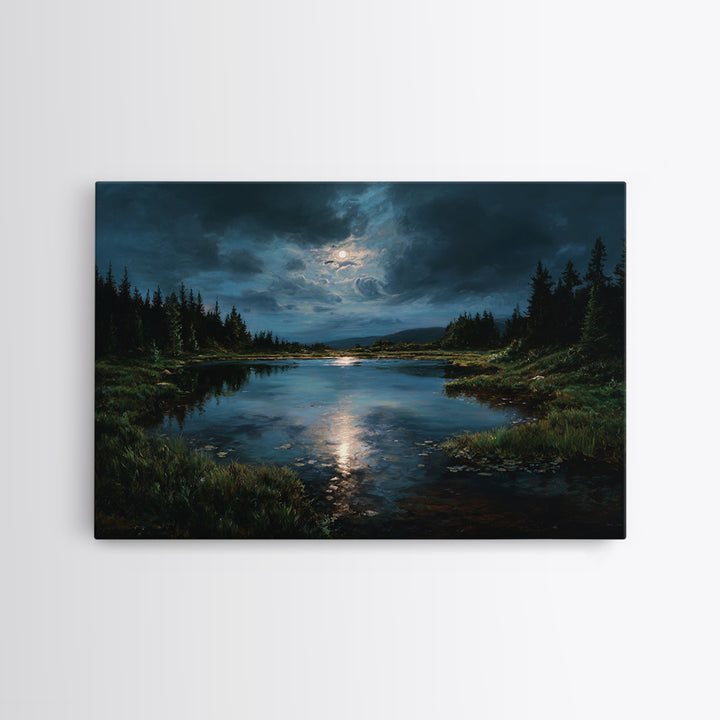 Dreamlike Moonlit Lake Framed Canvas Print, General Fine Art, Digital Print, Living Room Decor, Watercolor Art, GEN-3x2-65