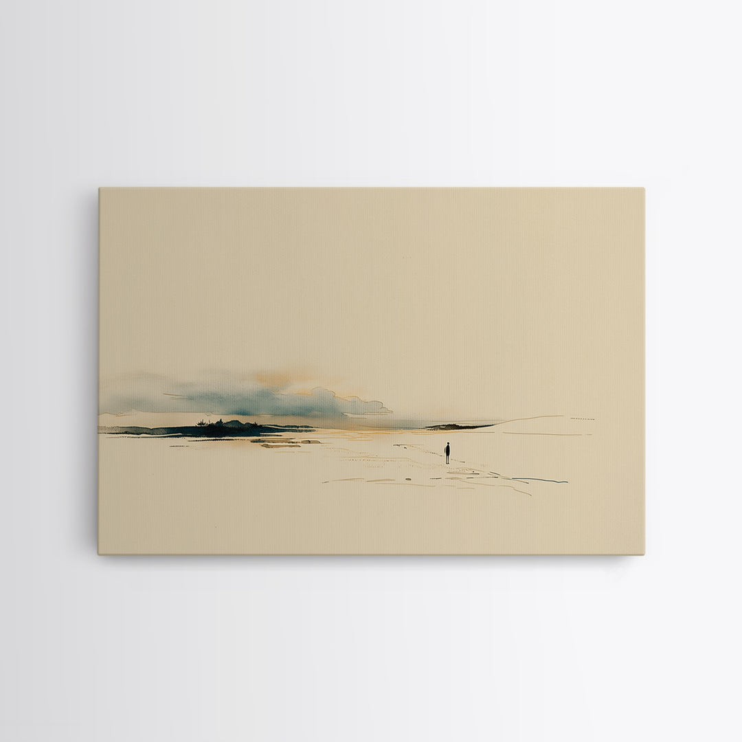 Minimal Black Line Figure on Textured Paper Framed Canvas Print, General Fine Art, Digital Art, Living Room Decor, Fine Art, GEN-3x2-7