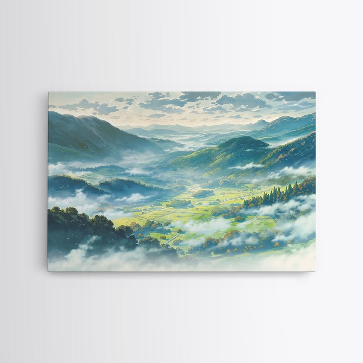Misty Mountain Valley Framed Canvas Print, General Fine Art, Art Deco, Living Room Decor, Fine Art, Fine Art Print, GEN-3x2-8