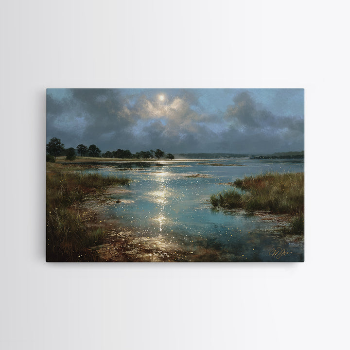 Dreamlike Moonlit Lake Canvas Print, General Fine Art, Boho Decor, Living Room Decor, Fine Art, Wall Decor, Painting, GEN-3x2-89