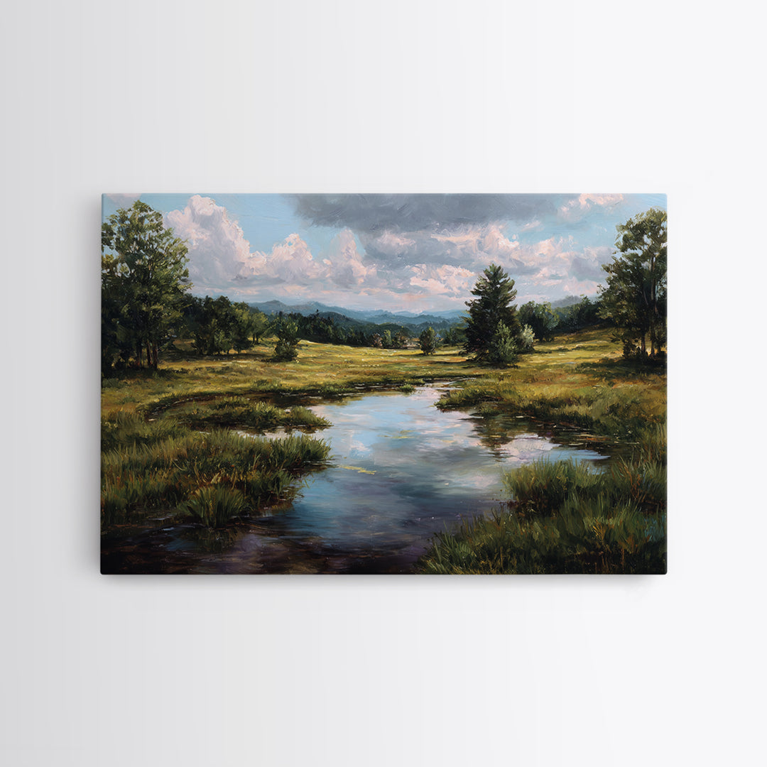 Sunlit Meadow with Loose Impressionist Brushwork Canvas Print, General Fine Art, Framed Wall Art, Living Room Decor, GEN-3x2-90
