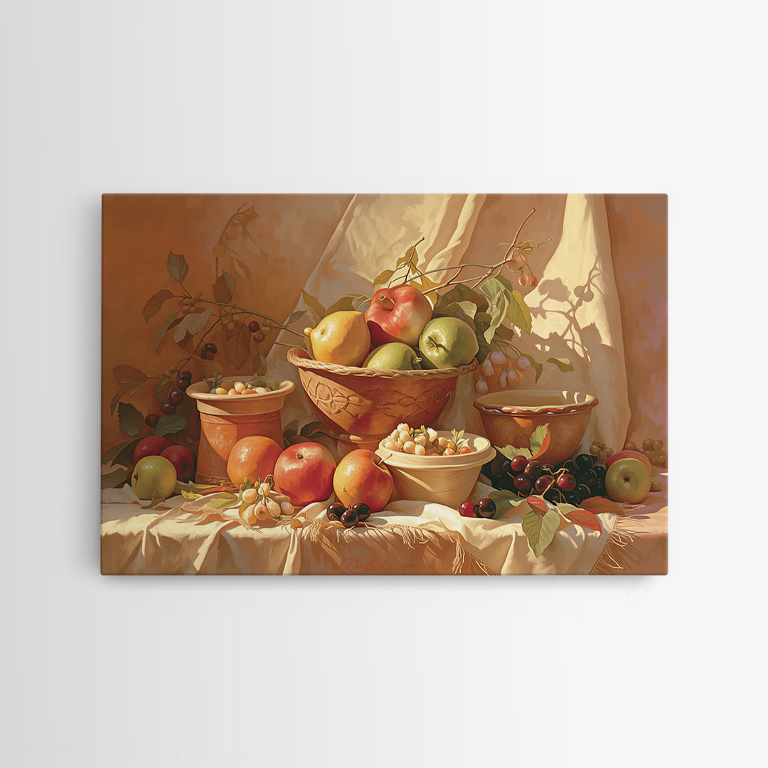 Simple Still Life of Fruit and Linen Framed Canvas Print, General Fine Art, Art, Living Room Decor, Abstract Art, GEN-3x2-92