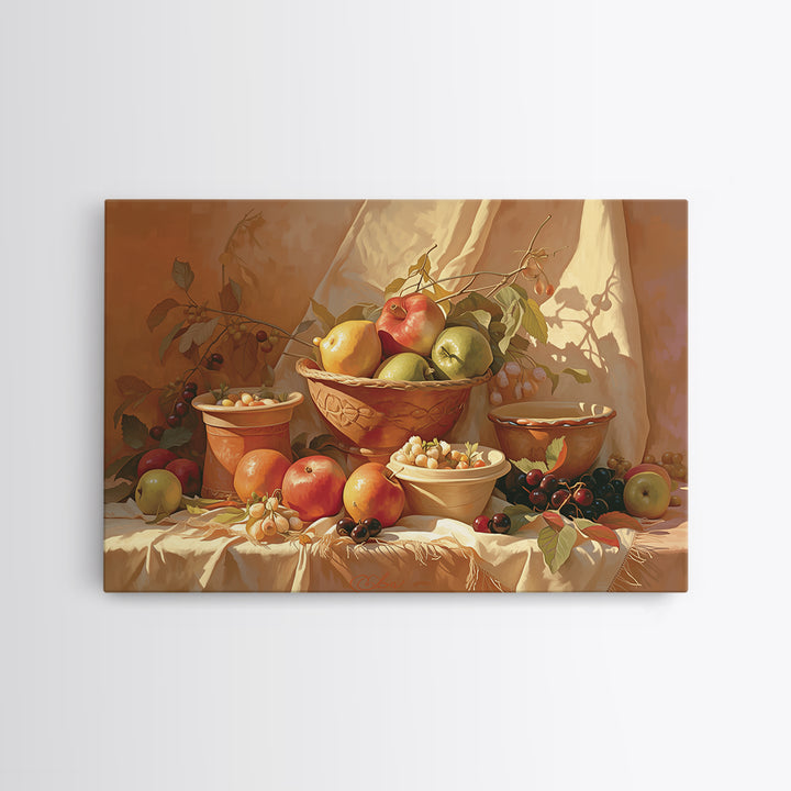 Simple Still Life of Fruit and Linen Framed Canvas Print, General Fine Art, Art, Living Room Decor, Abstract Art, GEN-3x2-92