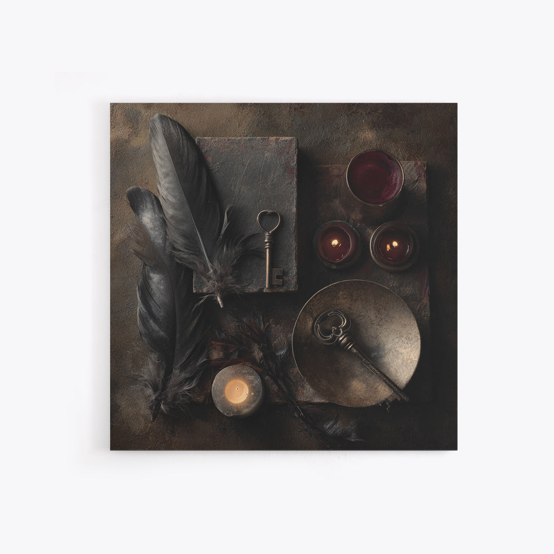 Crow Feathers and Antique Key Still Life Framed Canvas Print, Gothic Art, Halloween Decor, Living Room Decor, Fine Art, Gothic, GOT-1x1-12