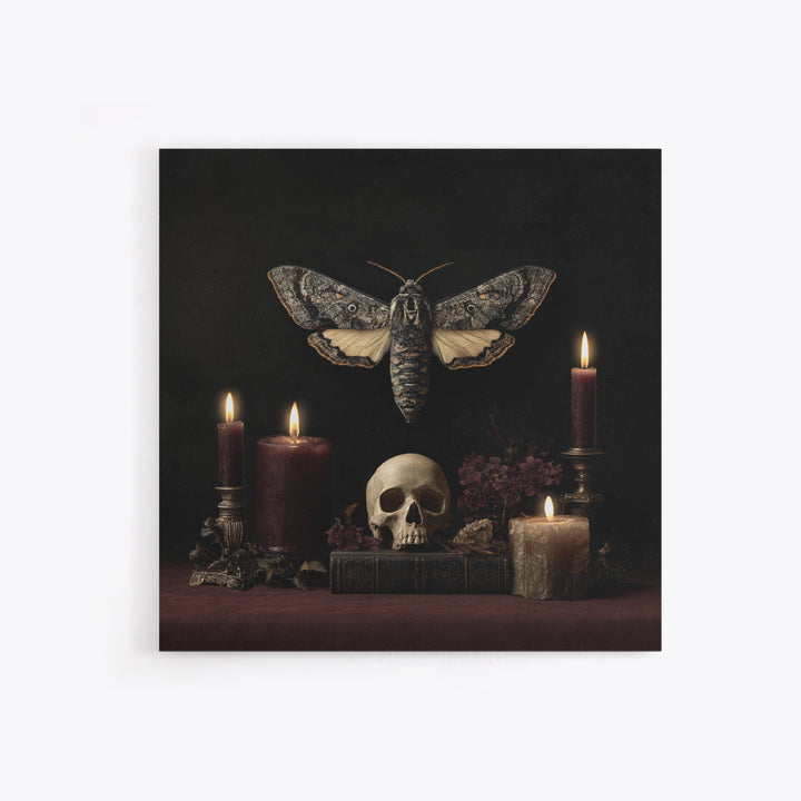 Moth and Skull Composition on Black Velvet Canvas Print, Gothic Art, Canvas Tote Bag, Living Room Decor, Oil Painting, Gothic, GOT-1x1-15