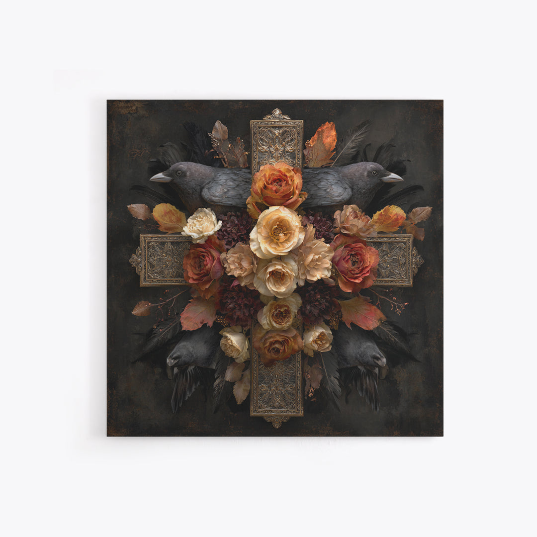 Ornate Cross and Roses Dramatic Still Life Canvas Print, Gothic Art, Art Print, Living Room Decor, Gothic, Whimsigoth Decor, GOT-1x1-20