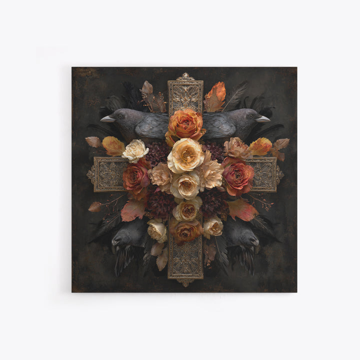 Ornate Cross and Roses Dramatic Still Life Canvas Print, Gothic Art, Art Print, Living Room Decor, Gothic, Whimsigoth Decor, GOT-1x1-20