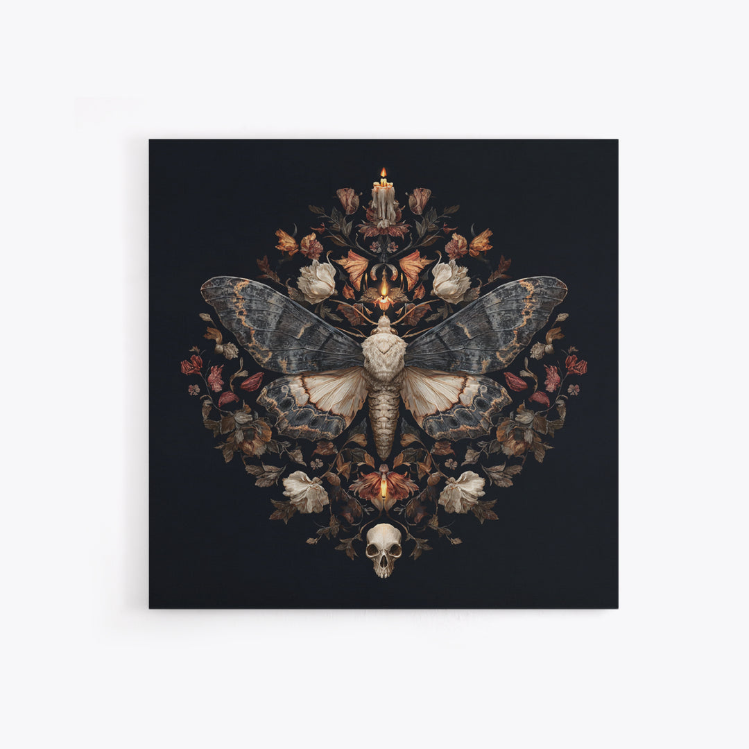 Moth and Skull Composition on Black Velvet Framed Canvas Print, Gothic Art, Gothic Wall Art, Living Room Decor, Gothic, GOT-1x1-39