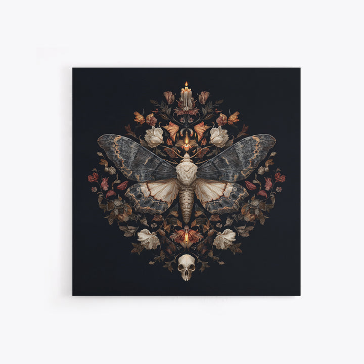 Moth and Skull Composition on Black Velvet Framed Canvas Print, Gothic Art, Gothic Wall Art, Living Room Decor, Gothic, GOT-1x1-39
