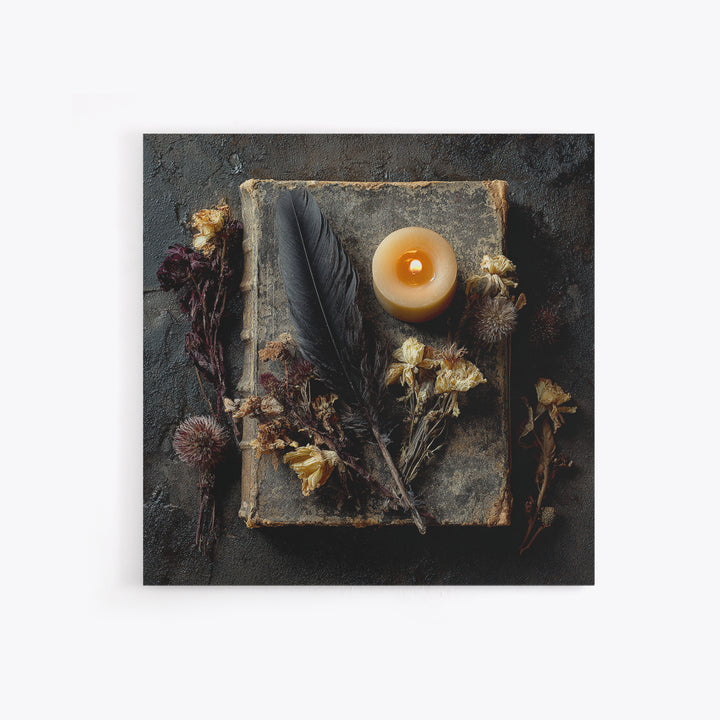 Candlelit Book and Dried Flowers Still Life Framed Canvas Print, Gothic Art, Canvas Painting, Living Room Decor, Gothic, GOT-1x1-42