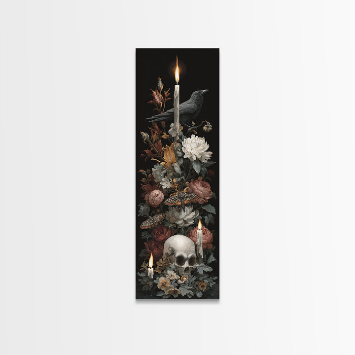 Moth and Skull Composition on Black Velvet Canvas Print, Gothic Art, Art Prints, Living Room Decor, Oil Painting, Gothic, GOT-1x3-27