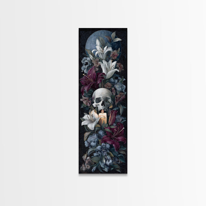 Skull Surrounded by Lilies and Candles Canvas Print, Gothic Art, Halloween Art, Living Room Decor, Gothic, Neutral Decor, GOT-1x3-89