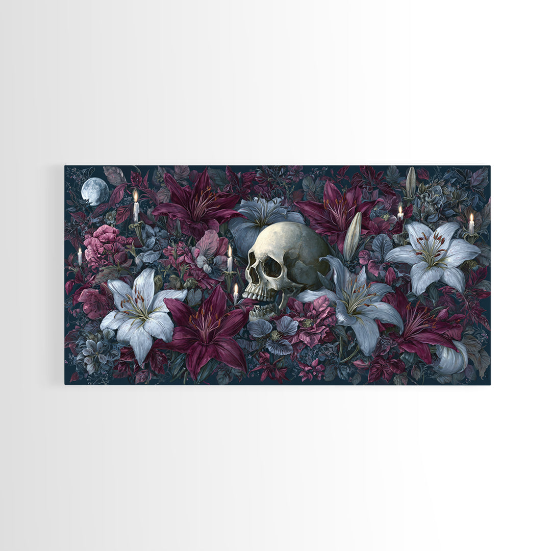 Skull Surrounded by Lilies and Candles Framed Canvas Print, Gothic Art, Home Decor, Living Room Decor, Fine Art, Gothic, GOT-2x1-1