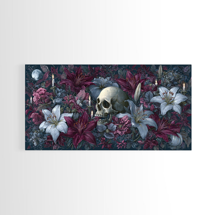Skull Surrounded by Lilies and Candles Framed Canvas Print, Gothic Art, Home Decor, Living Room Decor, Fine Art, Gothic, GOT-2x1-1
