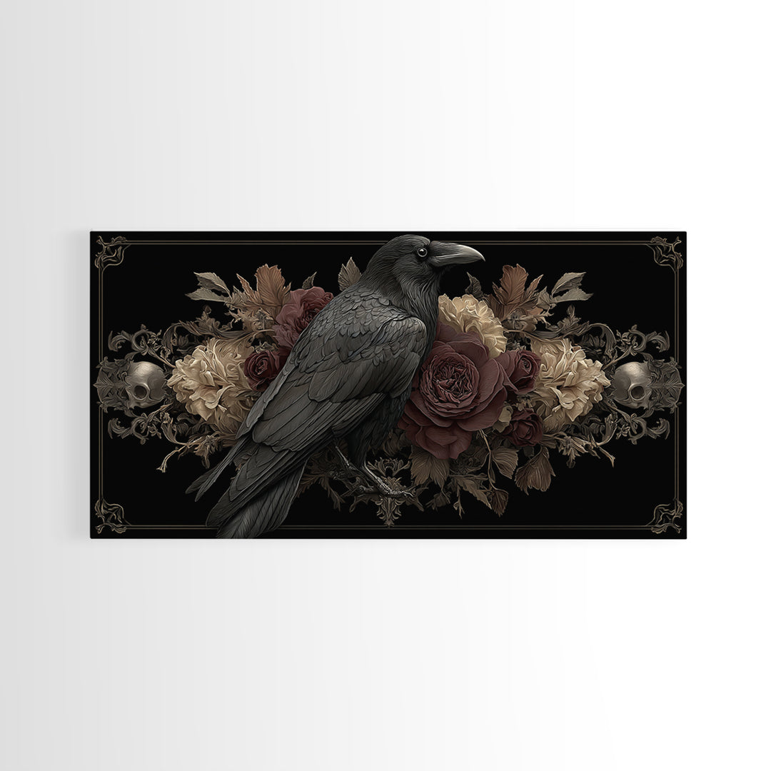 Raven Feathers Arranged Like a Halo Framed Canvas Print, Gothic Art, Fine Art Print, Living Room Decor, Fine Art, Gothic, GOT-2x1-18